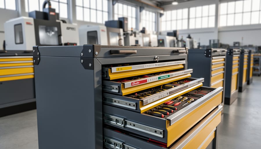 Heavy-duty industrial tool chest with organized drawers and precision tool storage