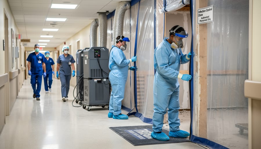 Construction worker in protective equipment installing air filtration system in healthcare facility
