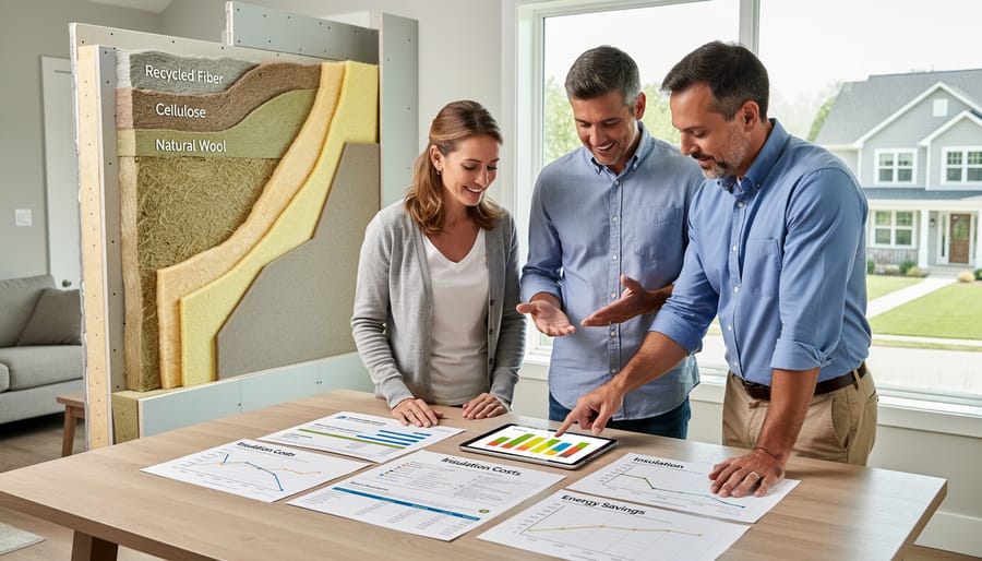 Person calculating insulation costs and energy savings with bills and house plans