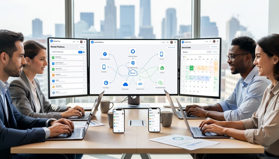 Multiple connected devices showing integrated tool rental management systems on workspace