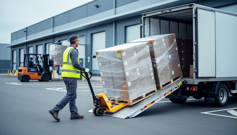 Worker loading shrink-wrapped pallets with corner protectors onto a box truck liftgate using a pallet jack at a warehouse, with a forklift, tie-down straps, and anti-slip mats in the background.
