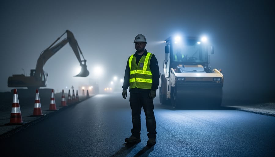 Construction worker in an IR-reflective safety vest on a foggy nighttime roadwork site, vest glowing under infrared illumination from an approaching vehicle, with wet asphalt, cones, and an excavator softly blurred in the background.