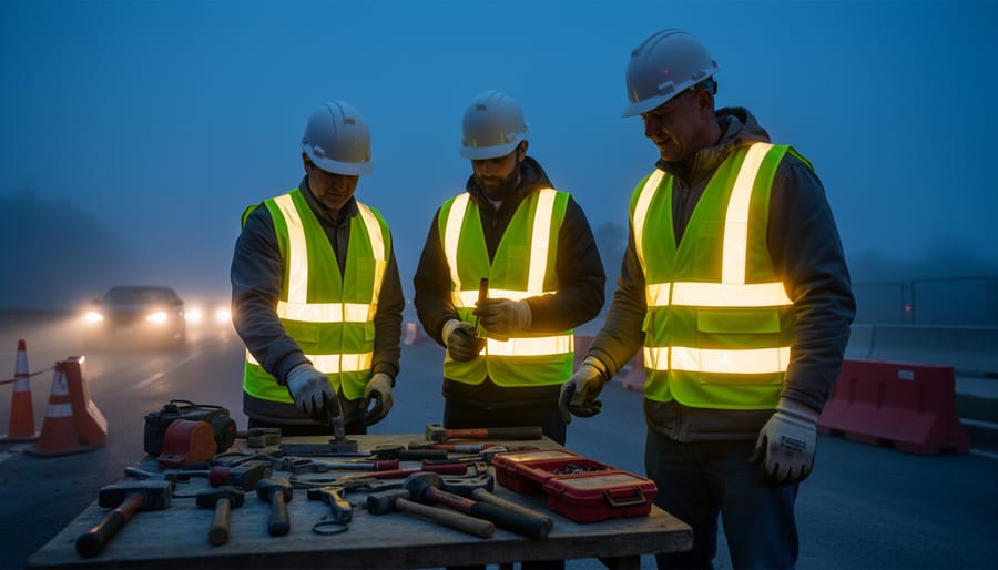 Construction worker wearing reflective safety vest illuminated at night on job site