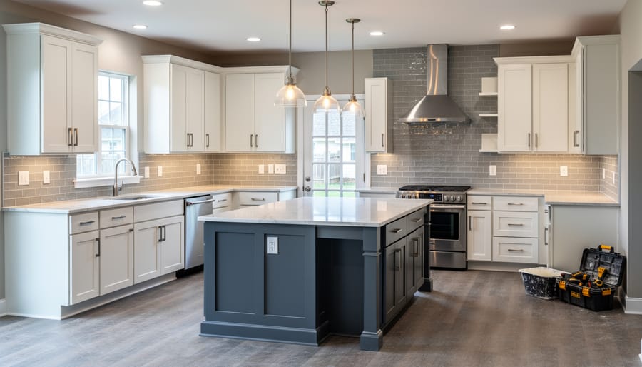 Property investor installing kitchen cabinet hardware during renovation project
