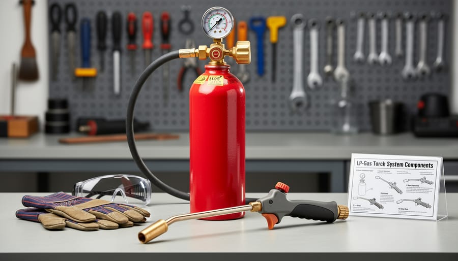 LP-gas propane cylinder with attached pressure regulator and torch hose connection