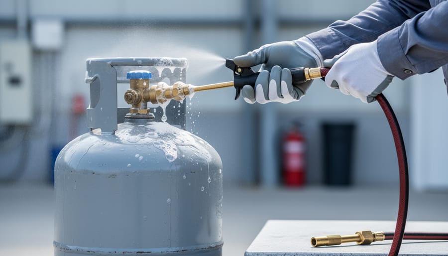 Gloved hands spray soapy water on the valve and regulator connection of an upright propane cylinder outdoors, with the torch hose attached and torch head nearby on a nonflammable surface; a fire extinguisher sits blurred in the background.