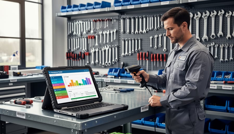 Organized tool storage wall with maintenance tracking system in professional workshop