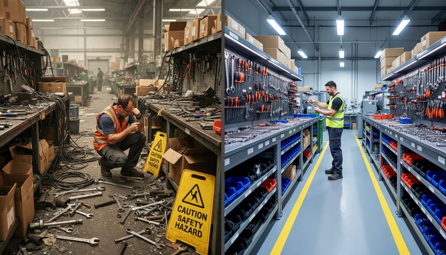 Cluttered manufacturing workspace with scattered tools and disorganized equipment
