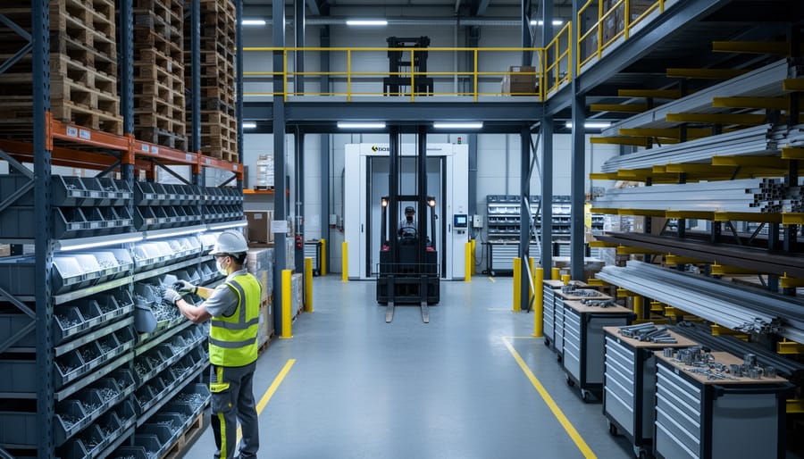 Elevated view of a modern manufacturing aisle with heavy-duty pallet racking, mezzanine platform, and cantilever racks; a technician retrieves parts from organized bins while a forklift moves through a clear aisle under soft industrial lighting; background shows an automated vertical lift module and mobile tool carts.
