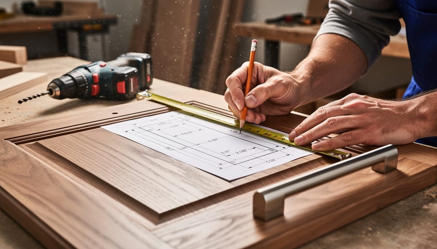 Close-up of hands using template guide to mark drill points on wooden door