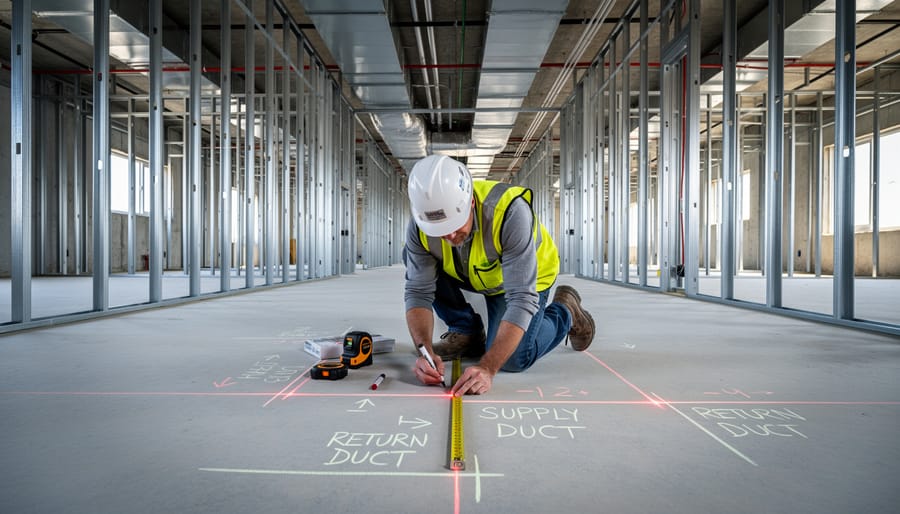 HVAC contractor measuring and marking duct locations on ceiling joists
