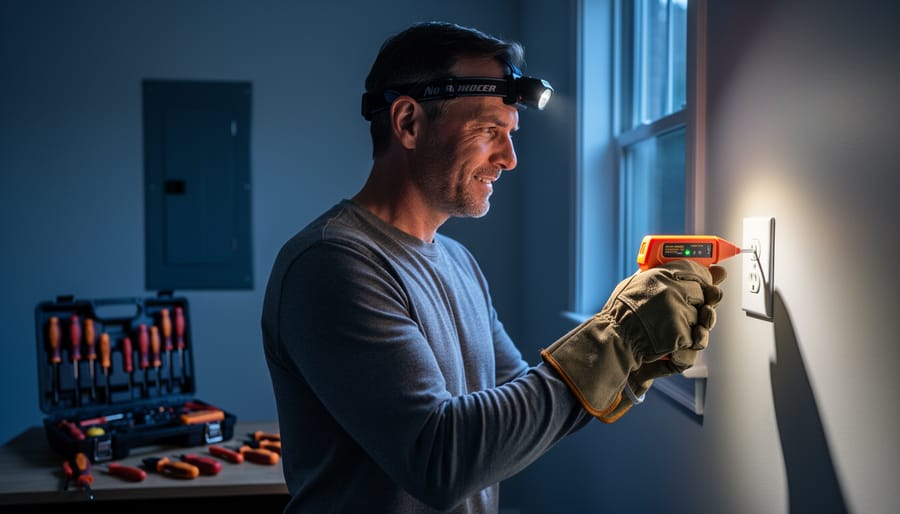 Gloved homeowner at night testing a wall outlet with a non-contact voltage tester, with an open toolbox of insulated tools and a closed breaker panel softly blurred in the background.