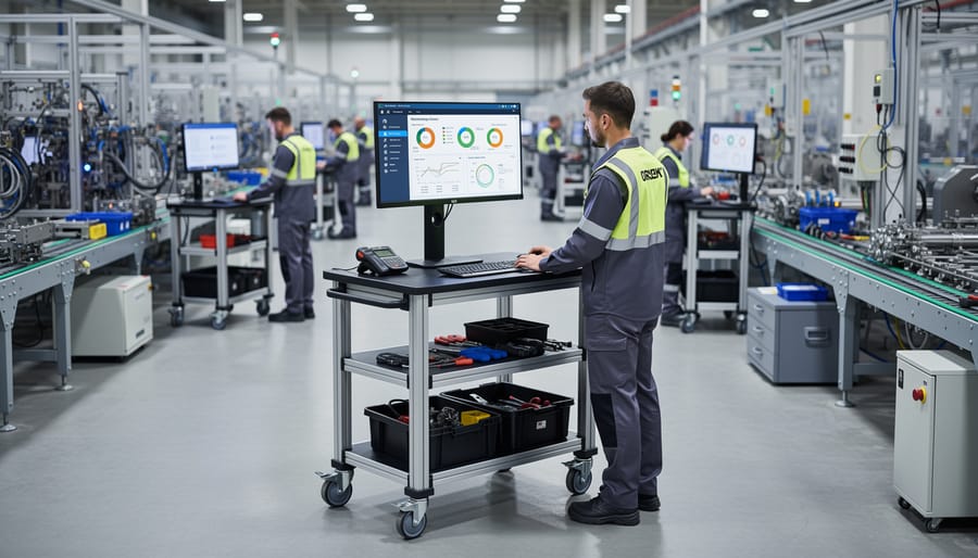 Manufacturing technician using mobile tool cart workstation on factory floor