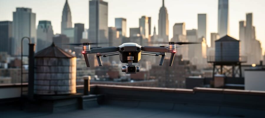 Quadcopter drone hovering above a private rooftop in New York City at golden hour, with the Manhattan skyline softly blurred in the background during a real estate photo shoot.