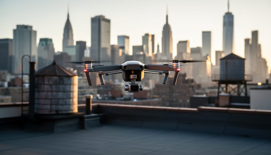 Quadcopter drone hovering above a private rooftop in New York City at golden hour, with the Manhattan skyline softly blurred in the background during a real estate photo shoot.