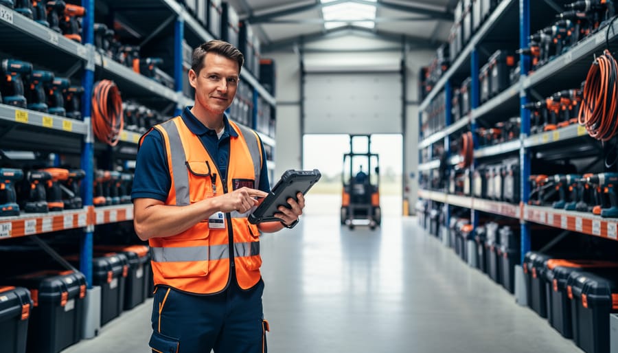 Operations manager in a tool rental warehouse checks inventory on a rugged tablet beside organized power tools on industrial shelving, with a forklift and loading dock softly blurred in the background