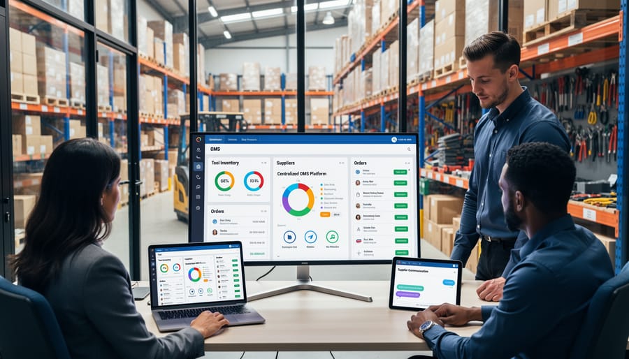 Warehouse manager using tablet to manage tool inventory in organized rental facility