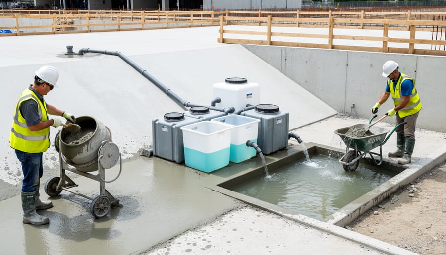 Construction worker reusing collected water for concrete mixing on job site