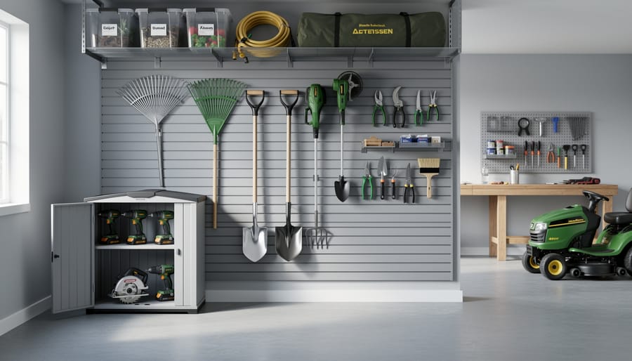 Eye-level photo of an organized garage corner with slatwall holding rakes, shovels, and a string trimmer, a weatherproof metal cabinet open to power tools, and an overhead rack for seasonal gear, with a workbench and mower softly visible in the background.