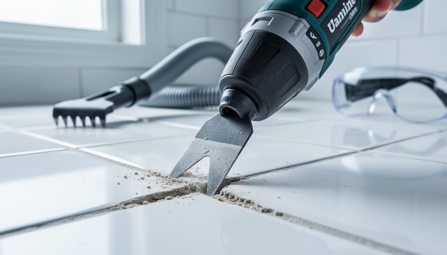 Oscillating multi-tool with grout removal blade clearing grout between white ceramic tiles, photographed from a 45-degree overhead angle under soft natural light, with a dust extraction hose, safety goggles, and a manual grout rake blurred in the background.