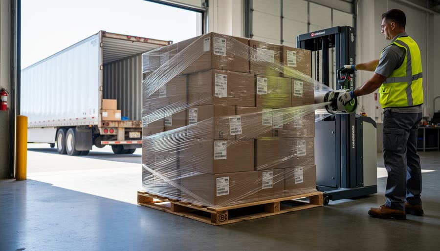 Worker wrapping pallet with shrink wrap equipment in preparation for shipping