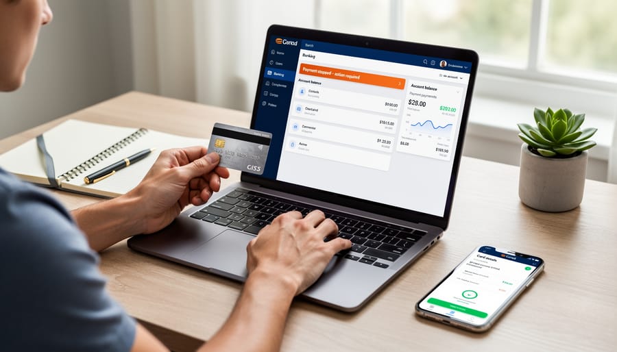 Hand holding credit card near laptop keyboard for payment verification