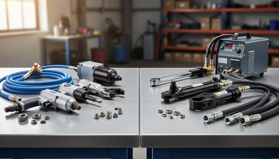 Pneumatic impact wrench and hydraulic floor jack displayed side by side in workshop