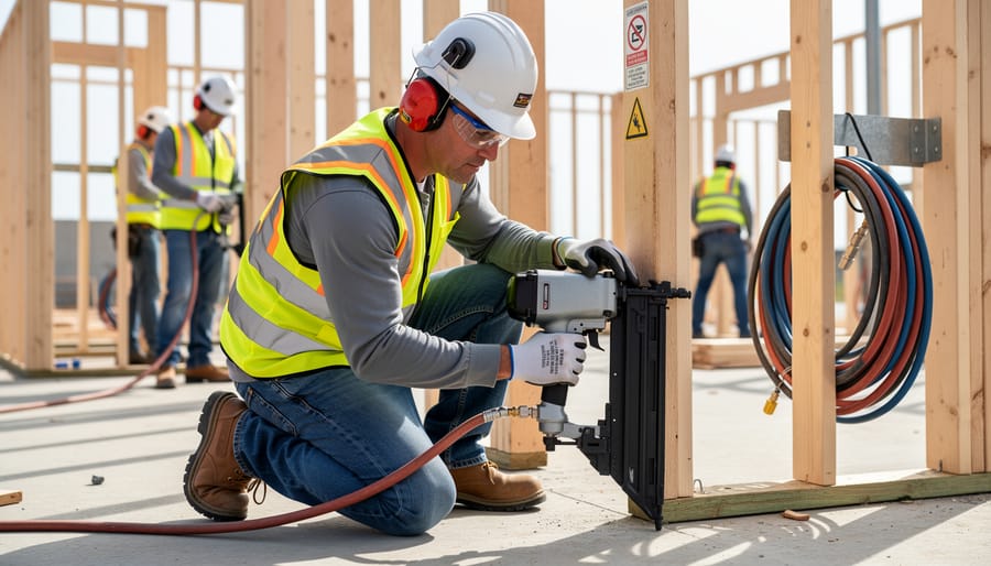 Construction worker wearing safety gear while properly operating pneumatic nail gun