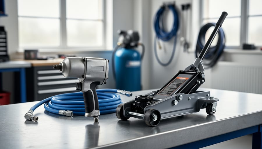 Unbranded pneumatic impact wrench with blue air hose beside a hydraulic floor jack in a clean workshop, shot from above with soft daylight and blurred compressor and tool cabinets in the background.