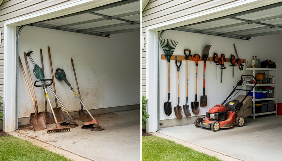 Disorganized garage corner showing rusty yard tools leaning against wall creating safety hazards