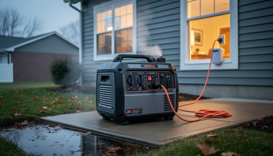 Portable generator with connected extension cord and emergency lighting in residential garage