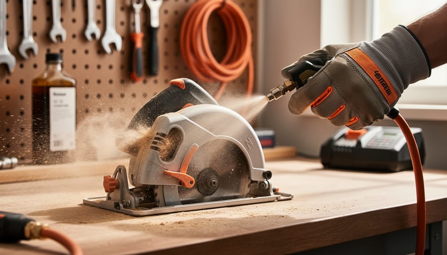 Close-up of a gloved hand blowing sawdust from a circular saw’s air vents with compressed air on a tidy workshop bench, with blurred pegboard tools, small oil bottle, coiled cord, and battery charger in the background under soft side daylight