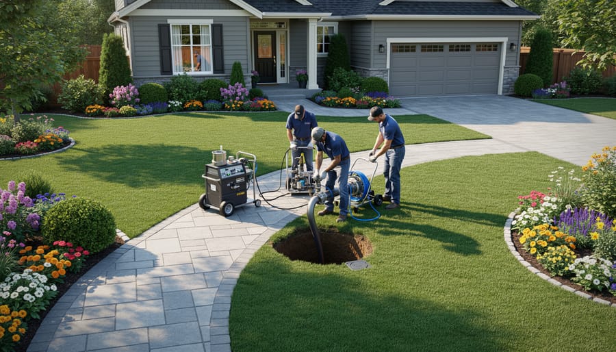 Well-maintained residential yard with intact lawn, garden, and driveway showing benefits of non-invasive pipe repair