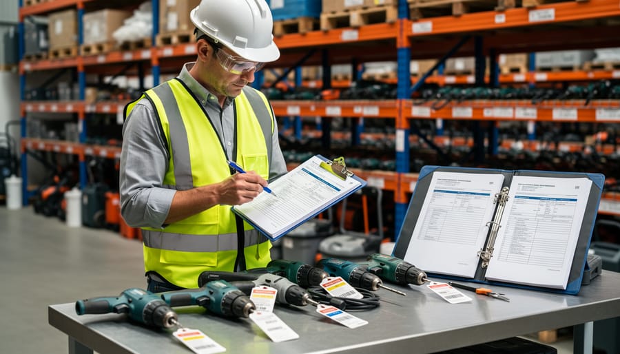 Technician inspecting power drill with safety tag in professional workshop setting