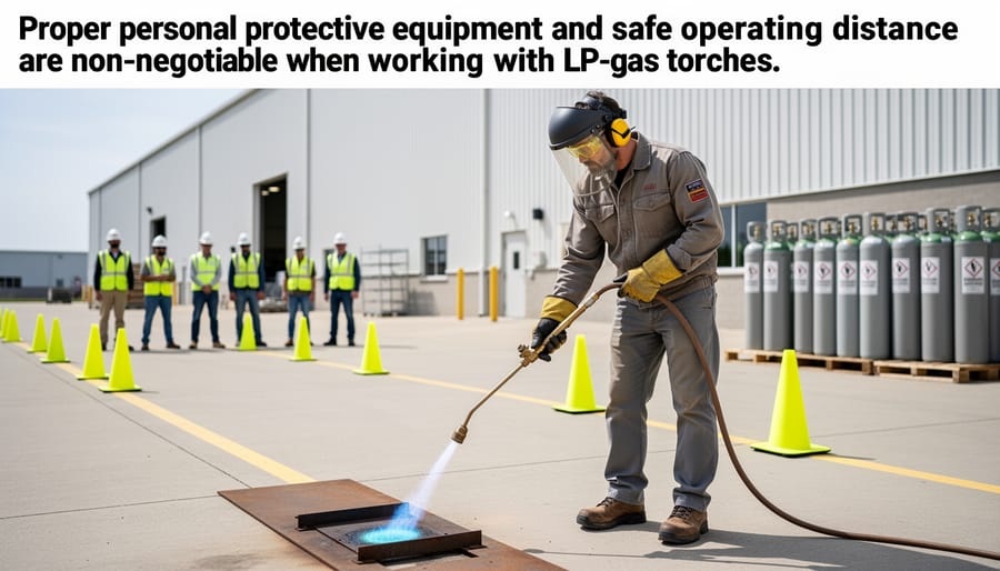 Worker in full protective gear safely operating propane torch in workshop environment