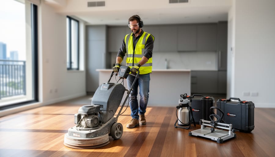 Person in safety gear sanding a timber floor with a professional floor sander; spray painter and tile cutter beside tool cases; modern apartment with updated kitchen and balcony softly blurred in the background.