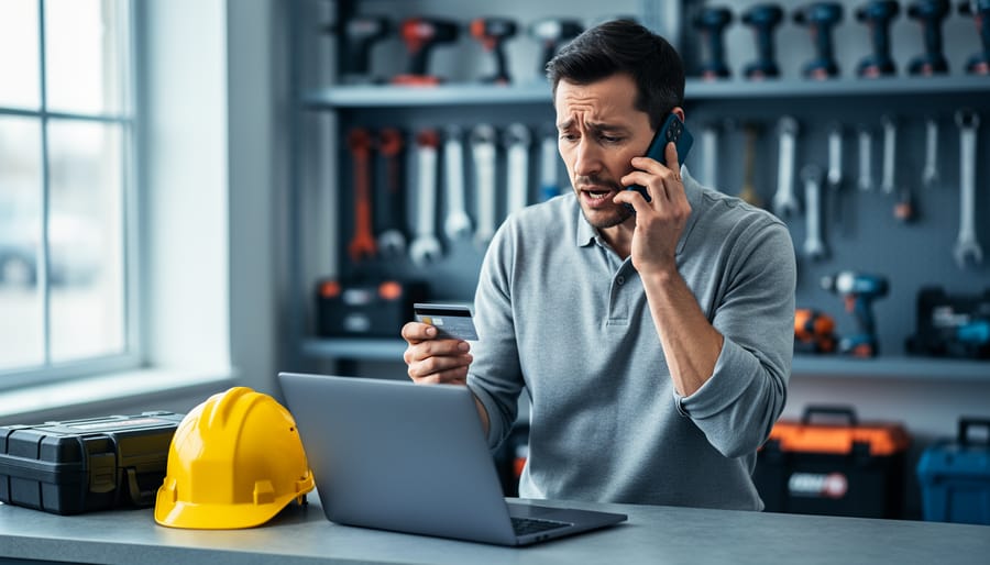 Person at an equipment rental counter on the phone with their bank while holding a credit card next to an open laptop; a power-drill case and yellow hard hat sit on the counter, with shelves of tools softly blurred in the background.