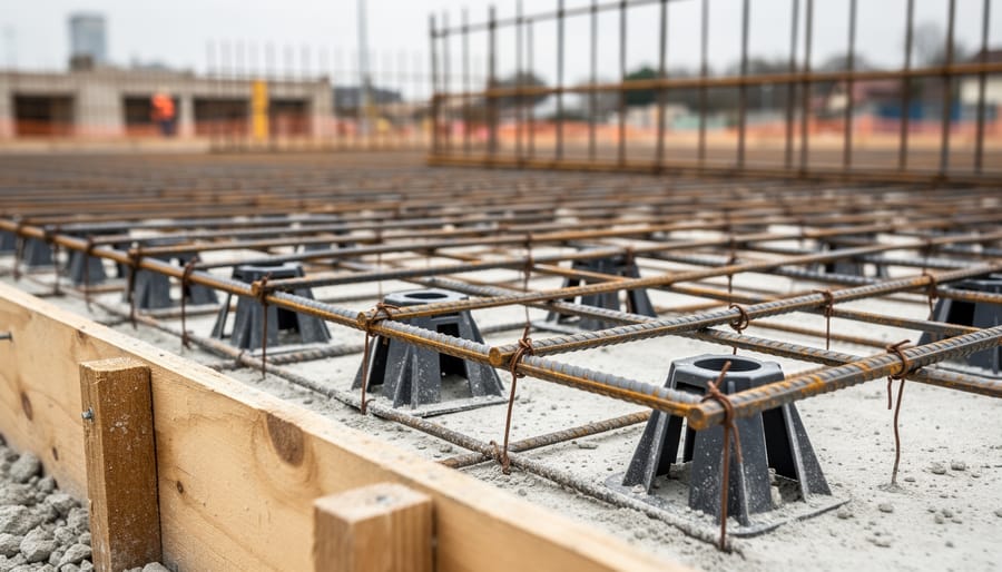 Close-up of steel rebar reinforcement grid on supports inside concrete forms