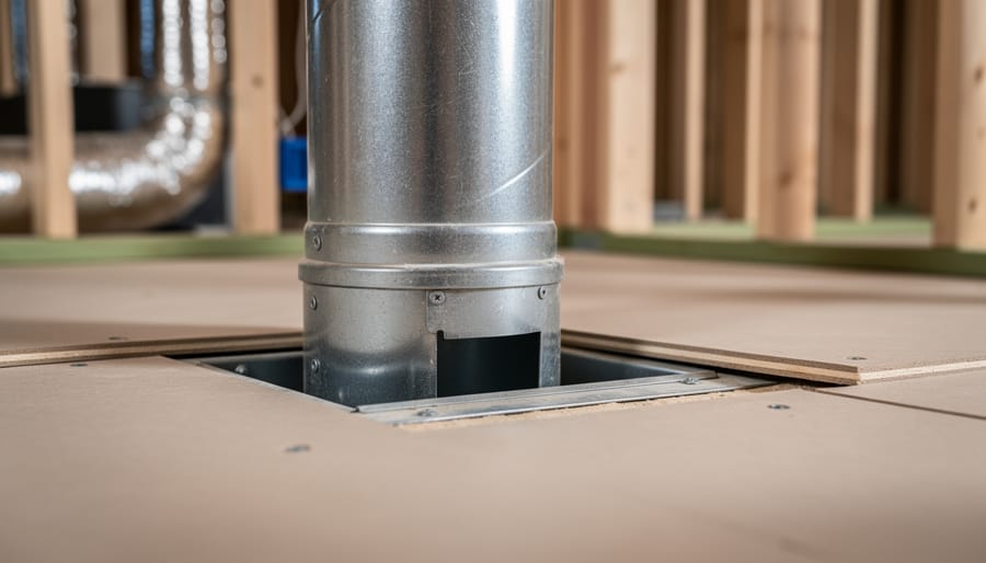 Metal register boot properly secured to floor joist during HVAC rough-in