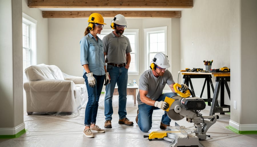 Property investor wearing safety gear while using power tools during renovation work