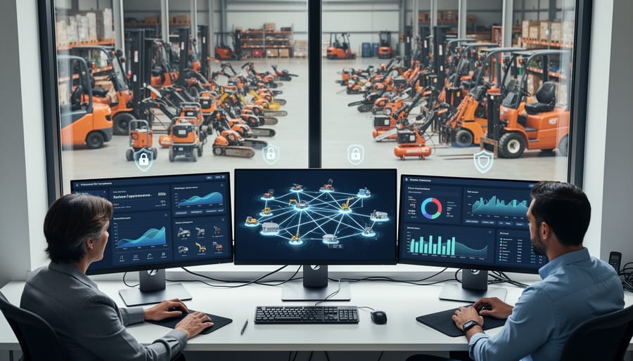 Tool rental workshop with smart power tools on charging and diagnostic stations