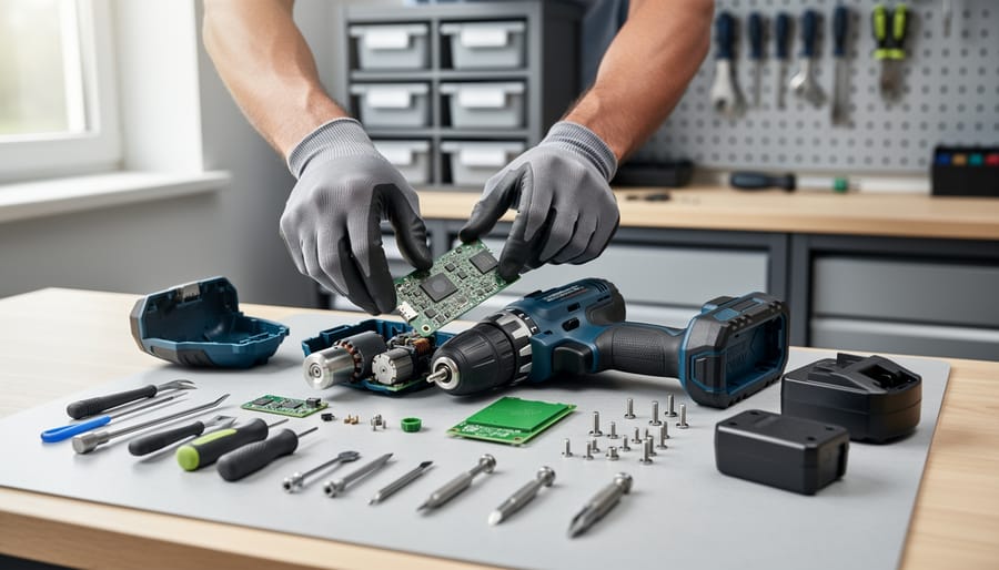 Eye-level close-up of a technician repairing an open cordless drill on a clean workbench with modular parts laid out, soft natural light, and blurred shelves of unlabeled parts bins and tools in the background.