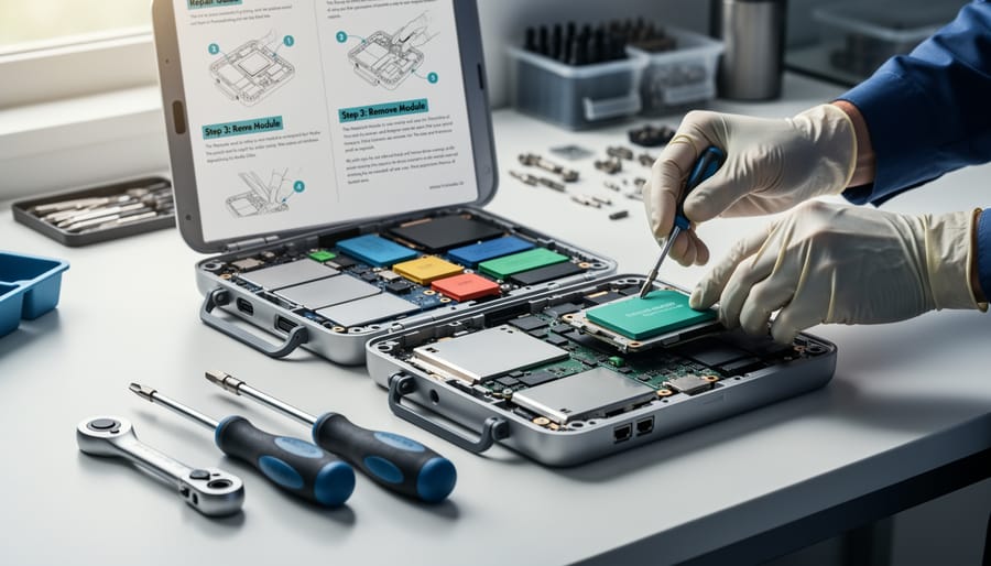 Disassembled power drill with components laid out on workbench for repair