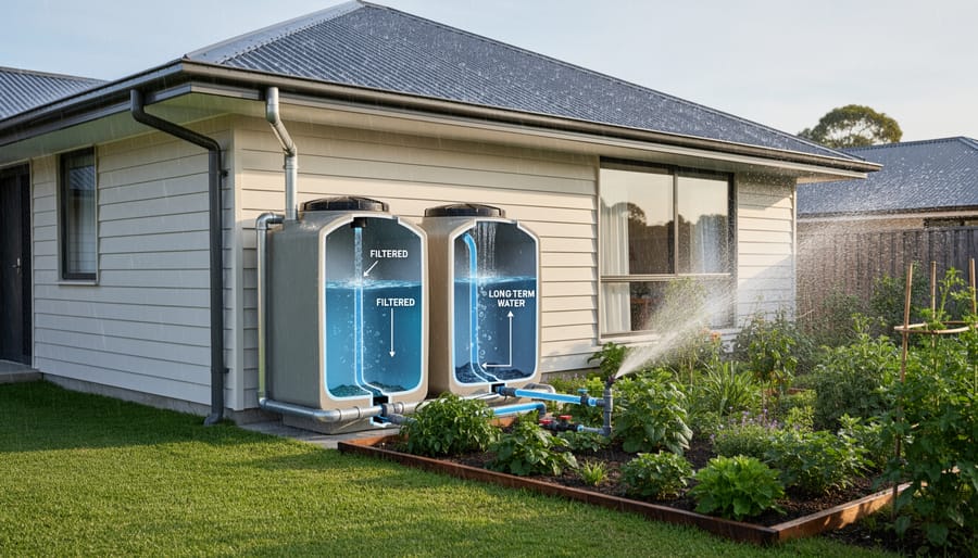 Rainwater collection system with gutters, downspouts and storage tank on residential home