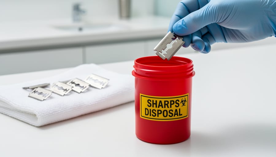 Sharps disposal container with used safety razor blades for safe disposal