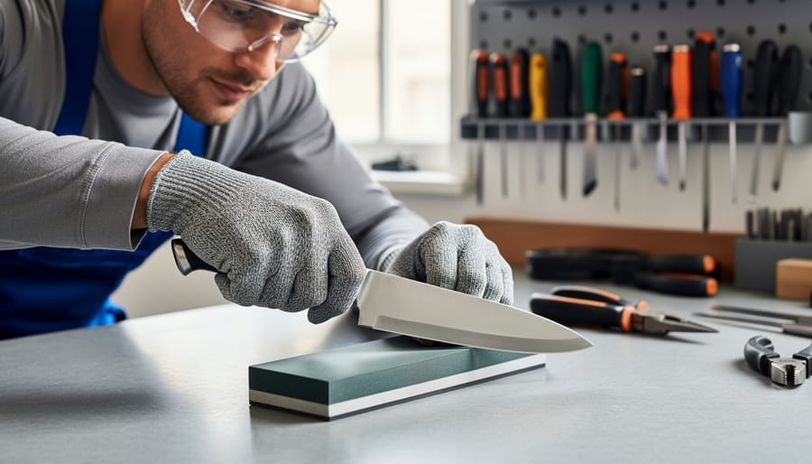 Hands wearing safety gloves handling safety razor blade with protective equipment