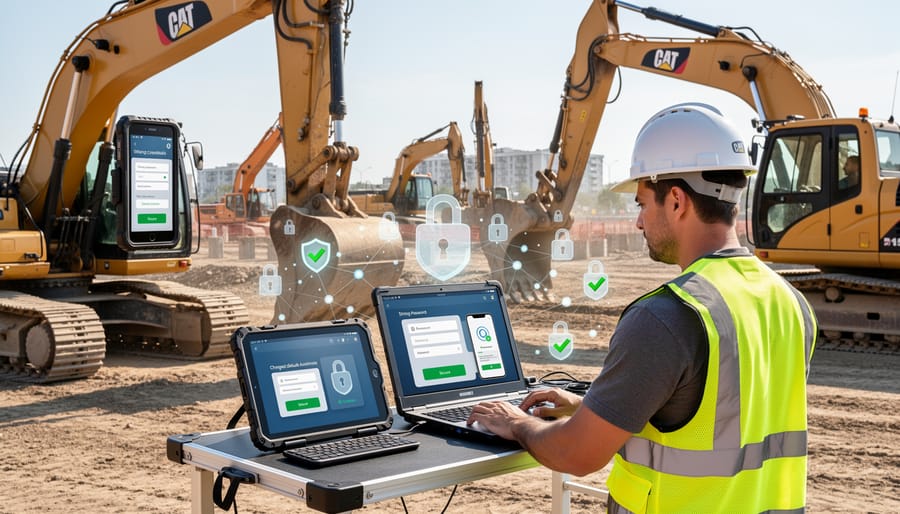 Worker entering password on rugged industrial tablet in construction environment