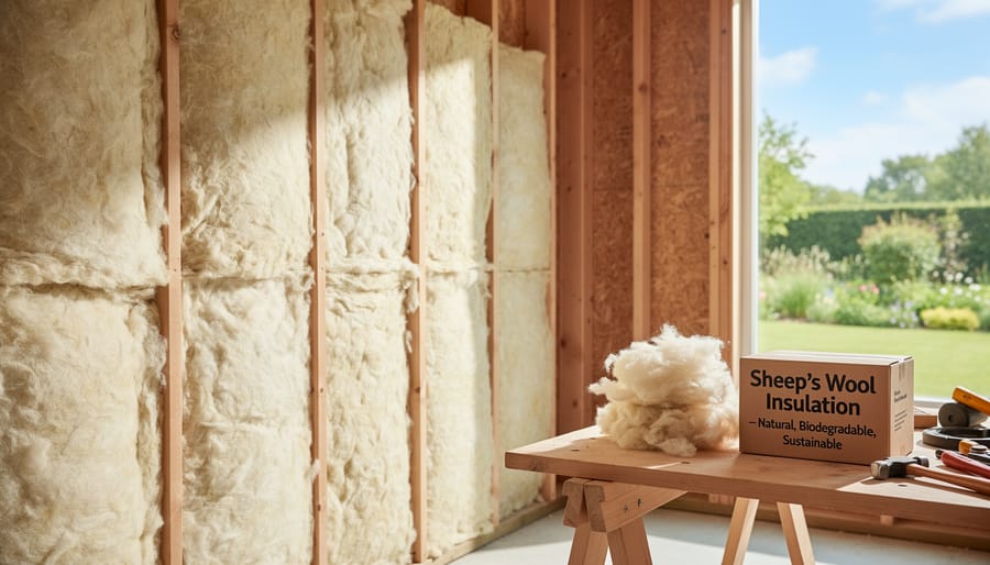 Close-up of natural sheep's wool insulation material showing fiber texture