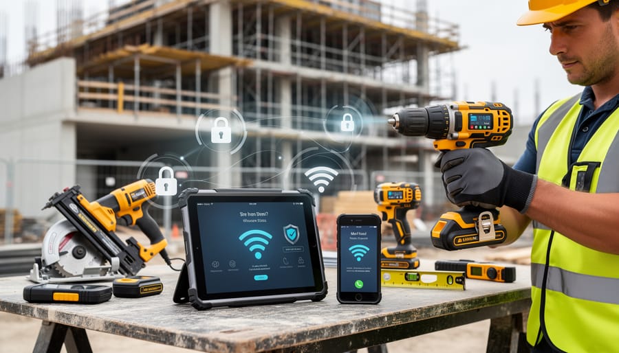 Smart construction drill with Bluetooth connectivity next to smartphone on blueprints