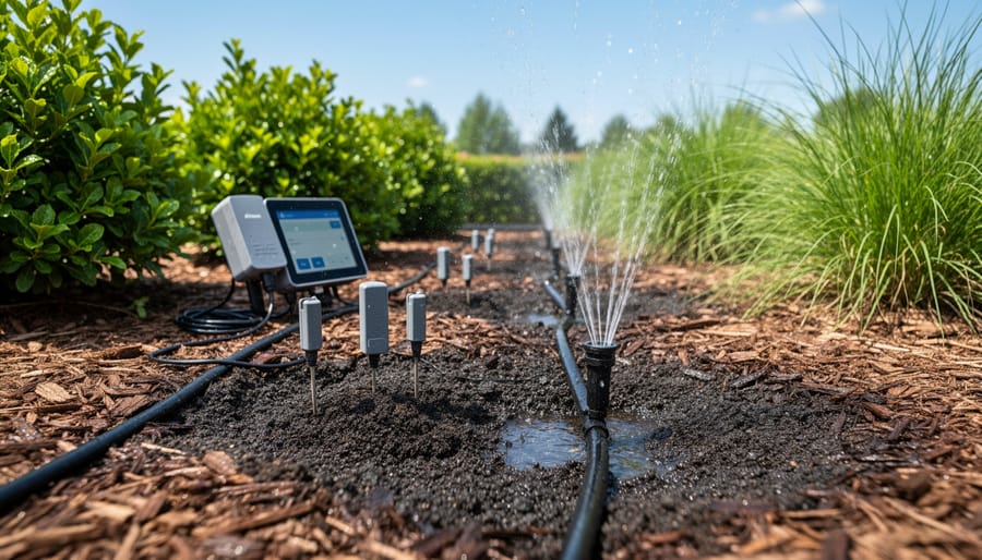 Drip irrigation system with smart controller and moisture sensors installed in garden soil